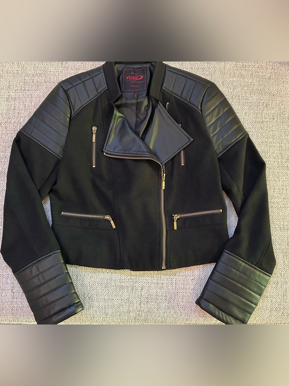 Black Yoki Wool/Faux Leather Moto Jacket w/ Quilted Leather Accents Size L